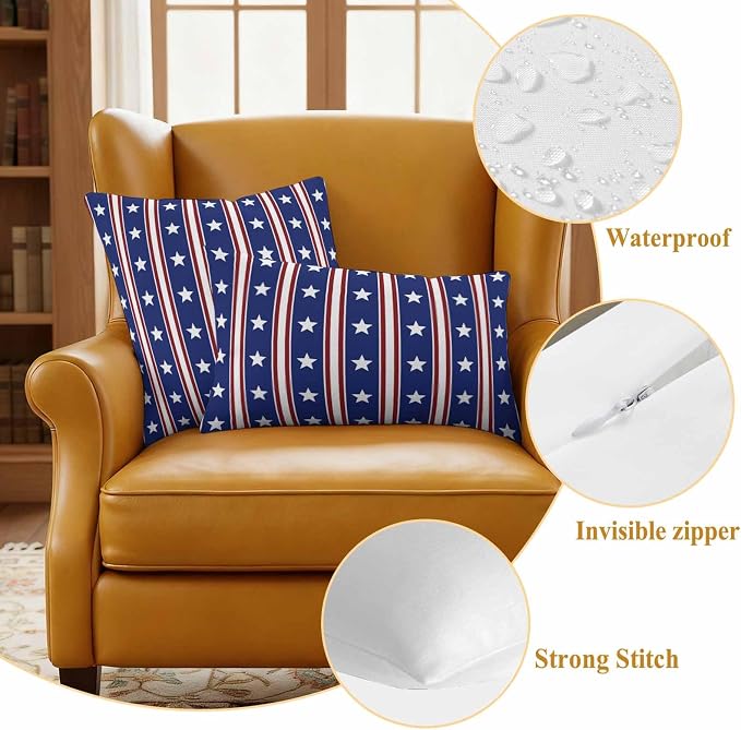 Blue Red Outdoor Pillow Covers 16"x16" Set of 2, Waterproof Throw Pillow Covers for Patio Furniture, Stripes Patirotic Star Independence Day Decorative Cushion Covers for Porch