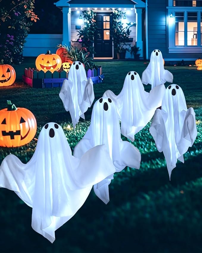 Halloween Decorations Solar Garden Lights Outdoor,6 PACKS Halloween Ghost with Arms Decorations Lights with Scary Party Gifts Decor,Solar Scary Ghost Path Lights for Halloween Party Decor Cold White