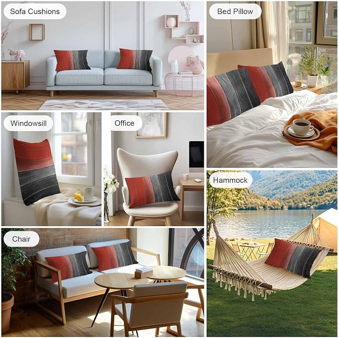 Lumbar Pillow Covers 20x12 Inch Set of 2, Red Black Ombre Waterproof Outdoor Cushion Covers, Vintage Farmhouse Wooden Decorative Pillowcases for Couch, Sofa, Bed, Garden, Patio
