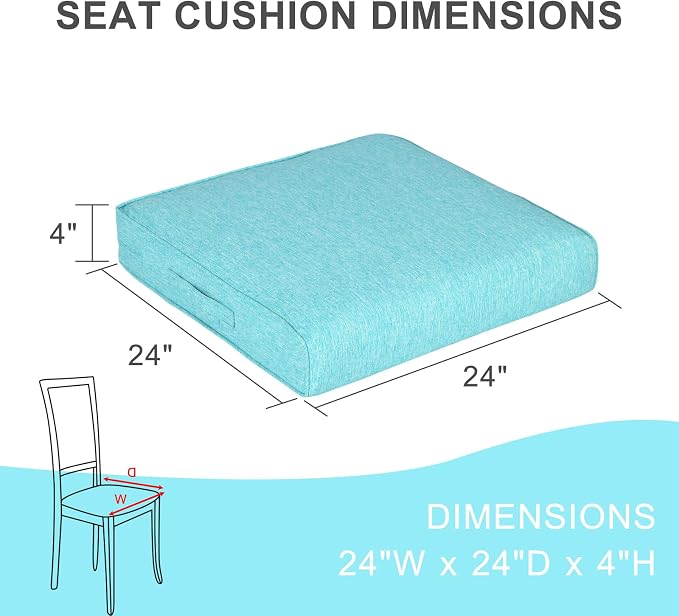Aoodor Patio Chair Cushions Set of 2, 24 x 24 x 4 Inch Water Resistant Outdoor Seat Cushions with Handle and Ties, Square Corner Cushions for Patio Furniture Garden Lawn, Teal