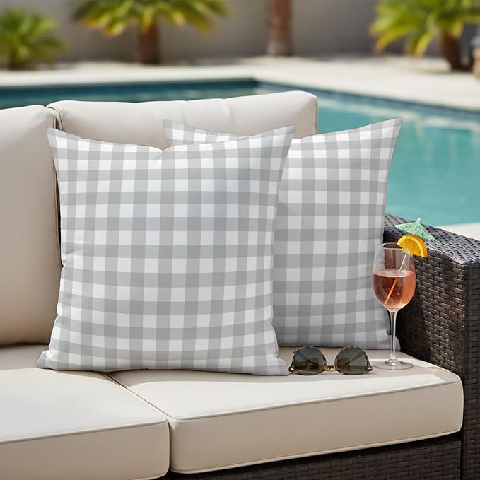 Light Gray Checks Outdoor Pillow Covers 26"x26" Set of 2, Gingham Plaid Abstract Modern Minimalist Waterproof Throw Pillow Covers for Patio Furniture, Decorative Cushion Covers for Porch