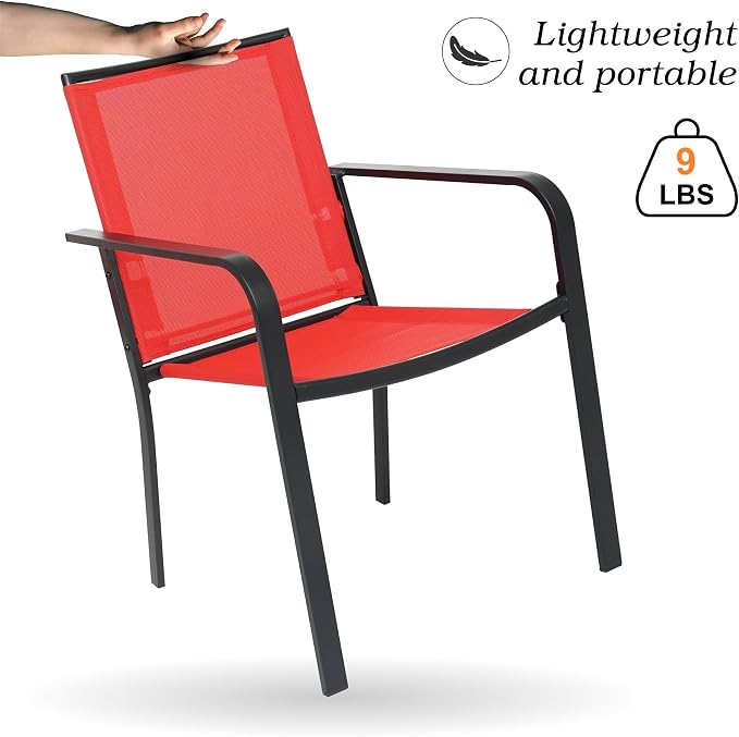 Anmutig 7 Piece Patio Dining Set 54 Inch Round Table Stackable Chairs Red | Powder-Coated Steel Frame, Quick-Dry Textilene Mesh, Dual-Size Umbrella Hole, Weather Resistant, Patio, Garden, Backyard