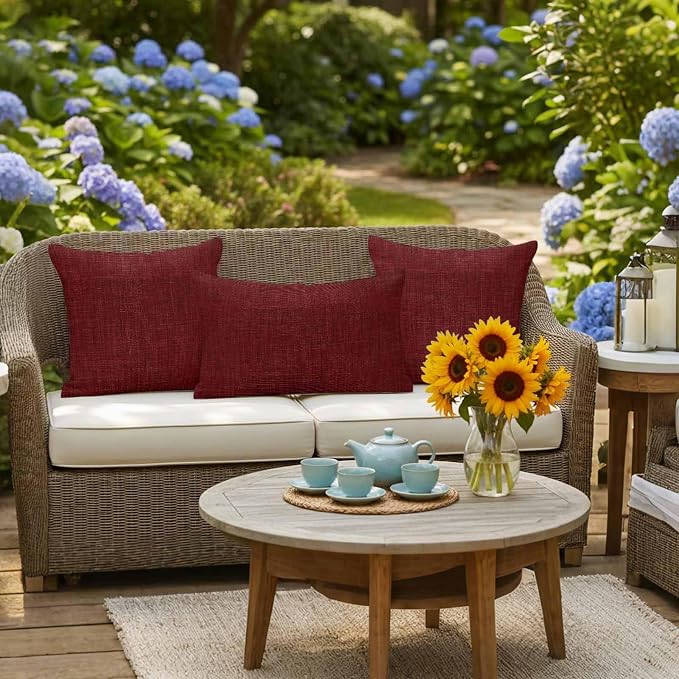Outdoor Waterproof Throw Pillow Covers Set of 2 Wine Red Linen Pillowcases 20x20 Inches Farmhouse Pure Color Decorative Pillows Cushion Case Patio Pillows for Couch Bed Chair Garden