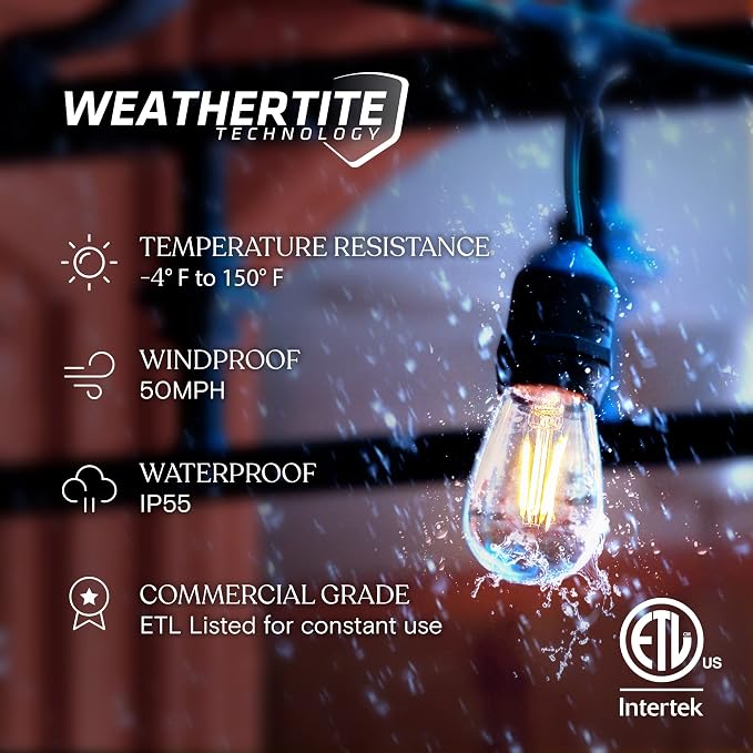 Brightech Ambience Pro LED String Lights, Commercial Grade 48 ft | Plug-in Outdoor String Lights, Waterproof Patio Lights, 15 Shatterproof LED Edison Bulbs for Backyard, 2W Soft White