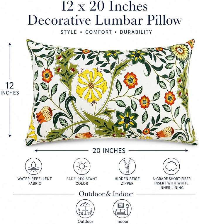 Outdoor Lumbar Pillows 12"x20" Waterproof Patio Pillows with Inserts | Set of 2 Fade Resistant Outdoor Waterproof Lumbar Pillow Decorative Garden Lumbar Cushions for Home Patio Terrace Sofa