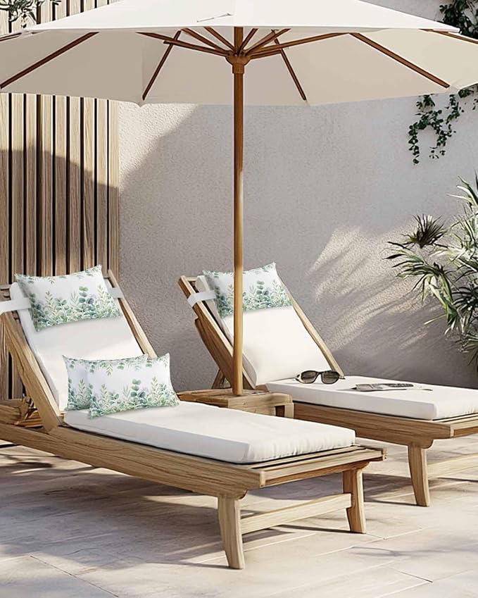 Green Eucalyptus Leaves Outdoor Pillows with Insert 12x20 Inch Watercolor Spring Botanical Waterproof Headrest Pillows with Adjustable Strap Lounger Chair Throw for Patio Furnitures, 2 Pack