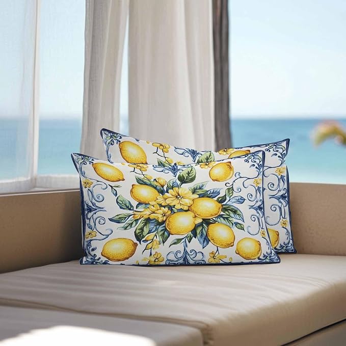 Lumbar Pillow Covers 20x12 Inch Set of 2, Yellow Lemon Waterproof Outdoor Cushion Covers, Middle Century Blue Italian Textured Decorative Pillowcases for Couch, Sofa, Bed, Garden, Patio