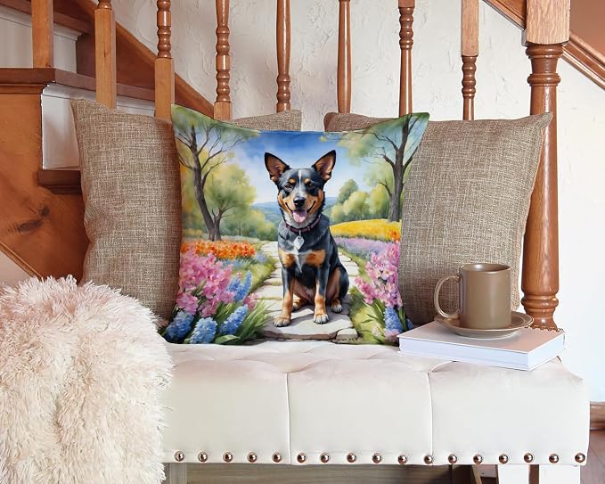 Caroline's Treasures Australian Cattle Dog Spring Garden Throw Pillow Machine Washable, Indoor Outdoor Decorative Pillow for Couch, Bed or Patio, 14Hx14W