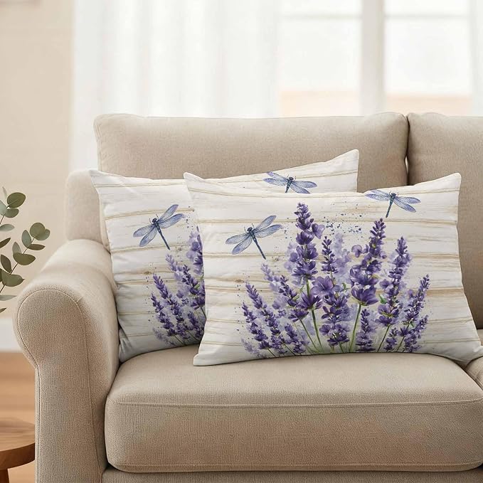 Outdoor Waterproof Throw Pillow Covers Set of 2 Lavender Flower Lumbar Pillowcases 20x12 Inches Purple Floral Dragonfly Wood Decorative Pillows Cushion Case Patio Pillows for Couch Bed Chair Garden