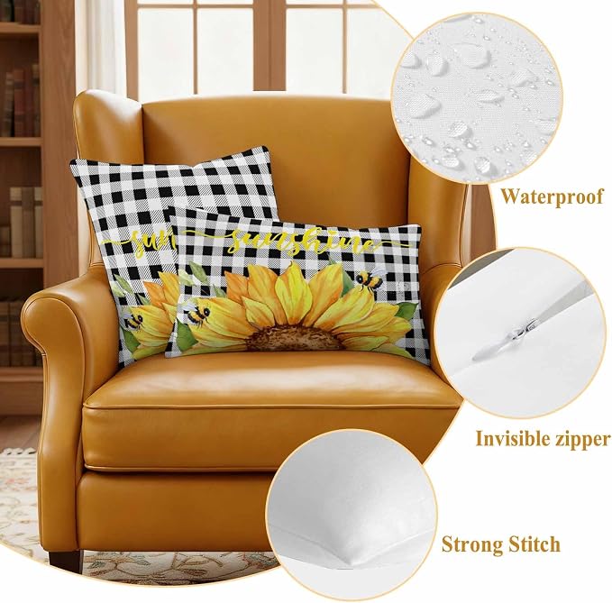 Farm Outdoor Throw Pillow Cover Watercolor Sunflowers Honeybee Waterproof Cushion Covers 2 Pack Yellow Flower Black White Plaid Pillow Cases Home Decoration for Patio Garden Couch Sofa 16x16In