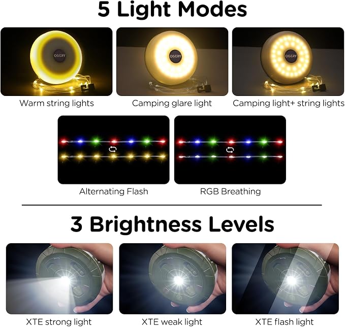 Camping String Lights 4 in 1, 32.8FT Quick Storage 8 Modes Protable | Rechargeable Fairy Tent Lights String , Hanging Waterproof LED Lamp for Outdoor Indoor Patio Awning Decor Camping Essentials