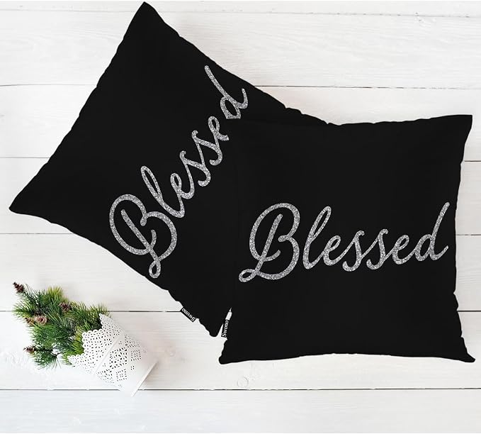 Swono Throw Pillow Covers Blessed, Bible Verse Blessed Accent Cushion Covers Decorative Pillowcase for Men Women, Christian Quote Sofa Bed Pillows Covers 18x18 Inch, Set of 2, Sparkling Black