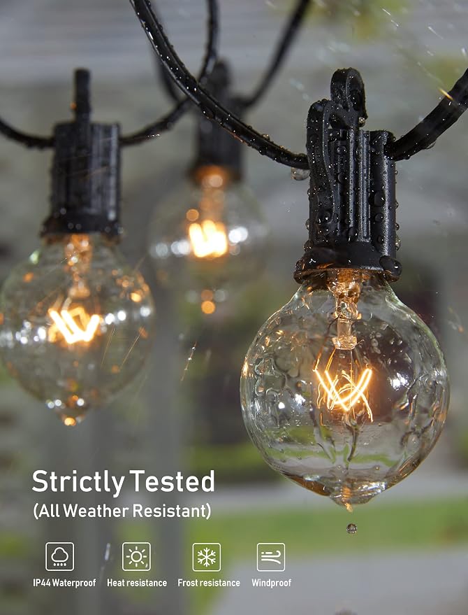 Brightown Outdoor String Lights 55FT Patio Lights with 50 Edison Glass Bulb | IP65 Waterproof, Dimmable, Connectable Outside Light for Backyard Porch Balcony Party Christmas Decoration, Warm White