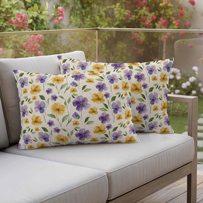 Purple Yellow Flower Outdoor Pillow Covers Set of 2 Spring Green Leaf Watercolor Floral Farm Waterproof Throw Pillow Cover Decorative Cushion Cases for Patio Porch Garden 20X12 Inch