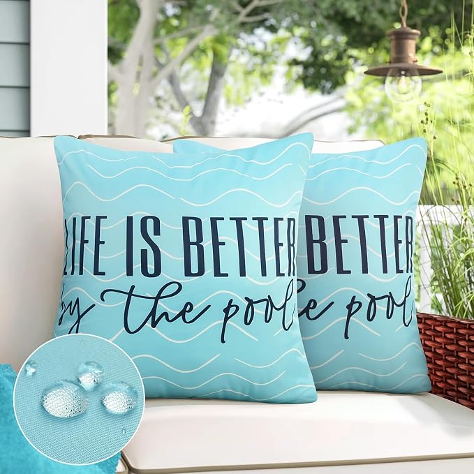 Adabana Outdoor Waterproof Pillow Covers 18x18 Inch, Life is Better | Blue Decor Waterproof Pillow Cover Set of 2 for Patio, Porch, Garden Furniture,Life is Better by The Pool