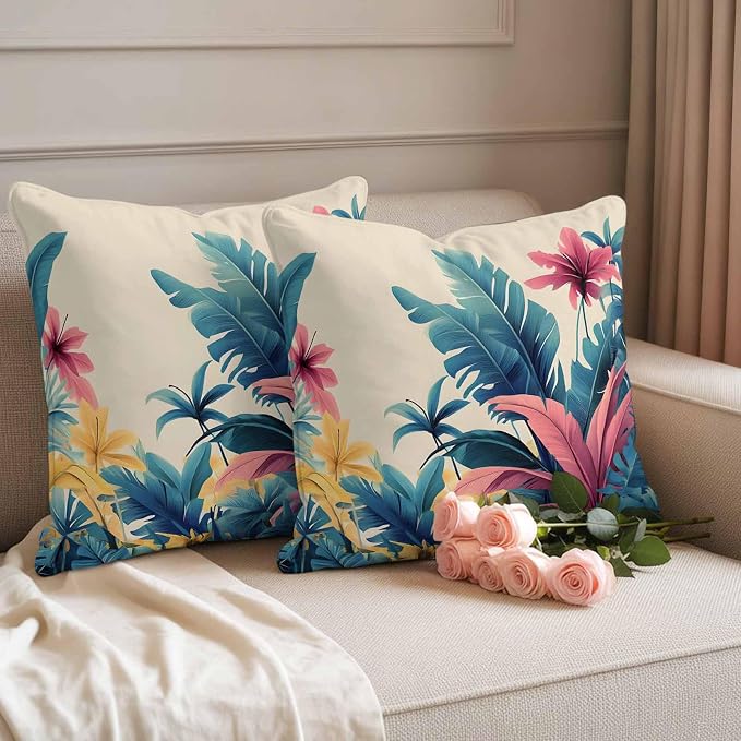 Summer Tropical Leaves Waterproof Outdoor Pillow Covers Set of 2 Home Decor, Farmhouse Botanical Plants Pillowcase Patio Pillow Covers for Couch Bench Furniture Garden 24x24in