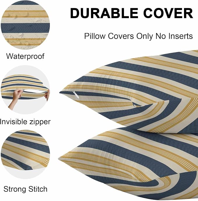 Vandarllin Outdoor Throw Pillows Covers 24x24 inch Set of 2 Waterproof Navy Blue Stripes Lines Decorative Zippered Cushion Covers for Patio Furniture, Yellow Classic Striped Lumbar Pillowcases