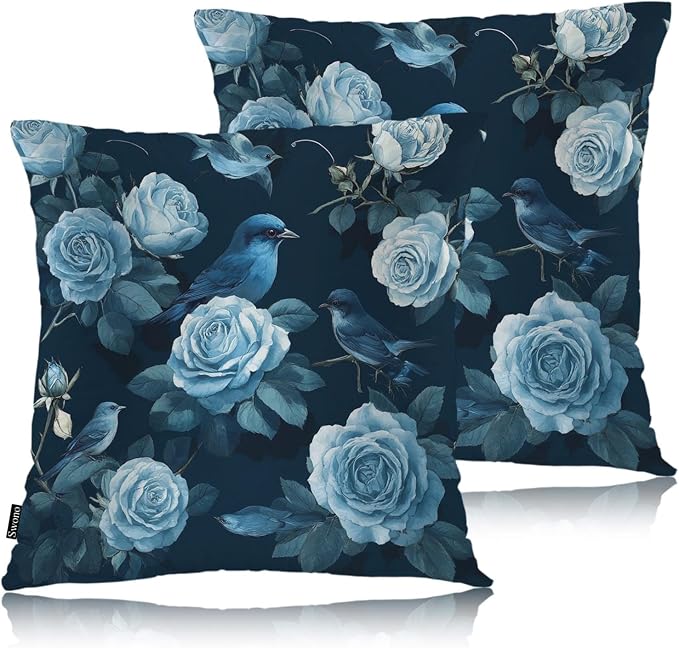 Swono Rose Set of 2 Decorative Throw Pillow Covers Cushion Case, Watercolor Blossom Roses Peony Farmhouse Pillowcase Cozy Pillow Cover for Couch Sofa Bed Garden Chair Car 18 X 18 Inch Blue