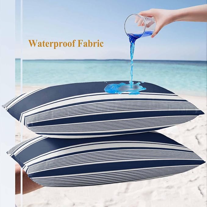 Vandarllin Outdoor Throw Pillows Covers 20x12 inch Set of 2 Waterproof Navy Blue Stripes Decorative Zippered Cushion Covers for Patio Furniture, Striped Lines Lumbar Pillowcases