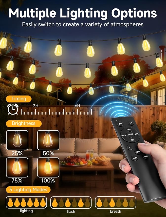 Likesky 100FT LED Outdoor String Lighats with Remote Waterproof Patio Lights with Shatterproof S11 Bulbs, Dimmable Outside Hanging Light Connectable for Porch Backyard Yard Garden Decor 2700K