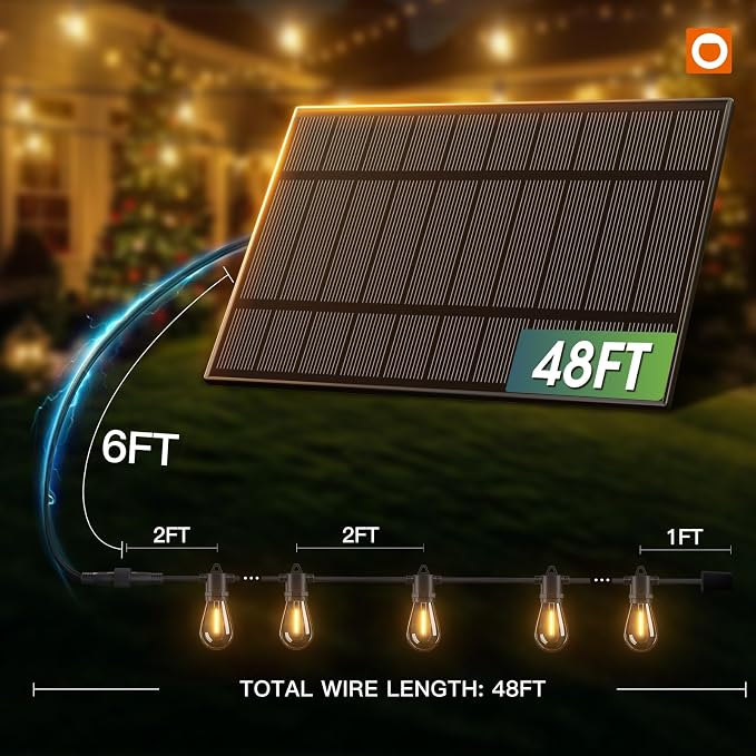 addlon 54FT(2FT) Solar String Lights Outdoor, with 24 Bulbs, Last 20+ Hrs | USB Charging, IP65 Waterproof. Dimmable Timer via Remote. Memory, 3 Modes, 2700K Warm White. Easy Install for Patio, Porch.