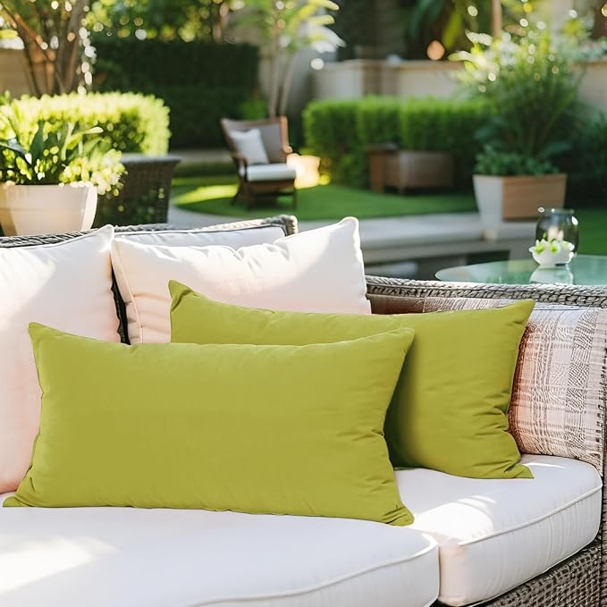 SK Studio Outdoor Water Resistant Throw Pillows, Decorative Patio Lumbar Cushions, Fluffy Furniture Garden Cushions for Home Patio Coach Sofa Use, Pack of 2, Green, 18x18 Inch