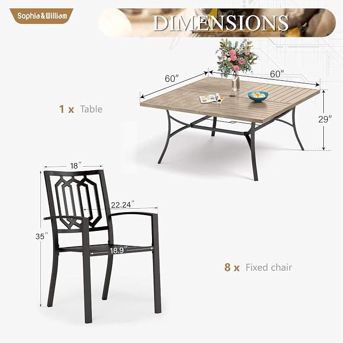 Sophia & William Patio Table and Chairs Set, Outdoor Dining Set for 8, 9 Piece Metal Patio Furniture, 57.5" Square Table with Wood-Like Tabletop(Geometry)