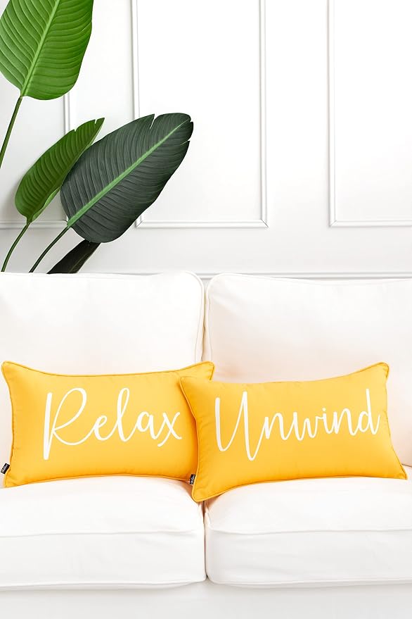 Hofdeco Porch Patio Indoor Outdoor Lumbar Pillow Cover ONLY for Backyard, Couch, Sofa, Yelllow Relax Unwind, 12"x20", Set of 2