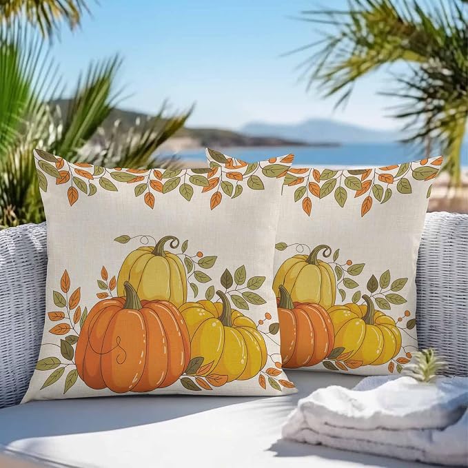 Orange Pumpkins Outdoor Waterproof Pillow Covers, Fall Yellow Leaves Vintage Beige Rustic Decorative Square Throw Pillowcase Sofa Cushion Sham for Patio/Couch/Chair, 20"x20" 2 Pack
