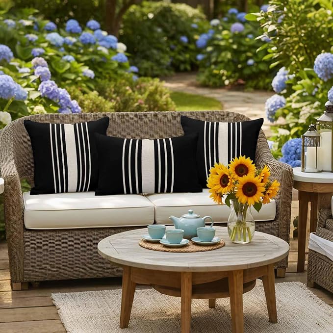 Black Beige Striped Outdoor Pillow Covers 26x26 Inch Throw Pillow Covers Set of 2 Waterproof Decorative Pillow Cases Modern Farmhouse Retro Lines Cushion Covers for Patio Furniture Garden Couch Sofa