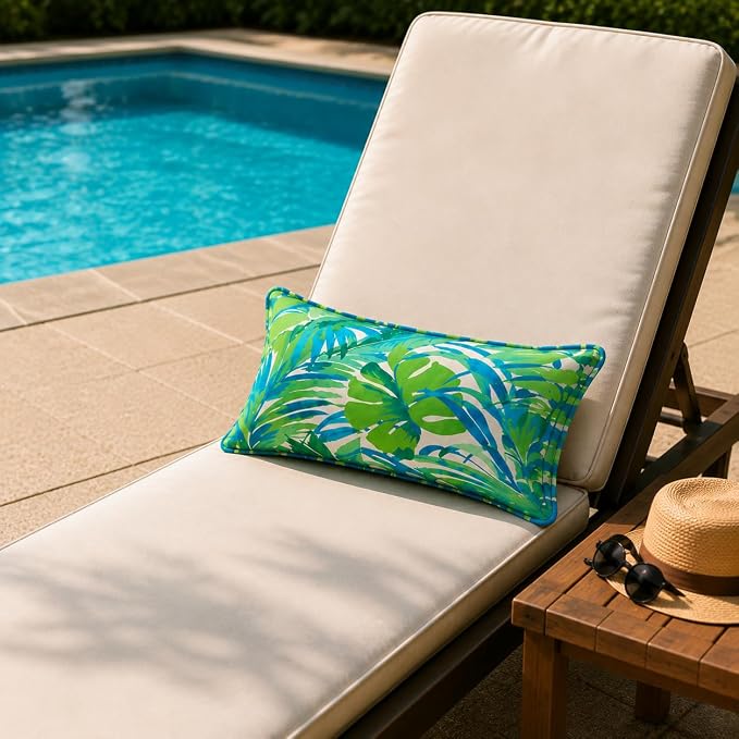13 x 20 Inch Outdoor Lumbar Pillow with Insert Set of 2, Decorative Piping Edge Waterproof Fade Resistant Fluffy Throw Pillows for Patio Furniture Chair Bench Couch - Green Palm Leaves