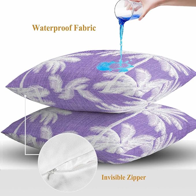 Outdoor Pillow Covers 16x16 Inch Set of 2, Purple Palm Trees Waterproof Throw Pillow Covers, Farmhouse Tropical Summer Beach Decorative Cushion Pillowcases for Couch, Sofa, Bed, Garden, Patio