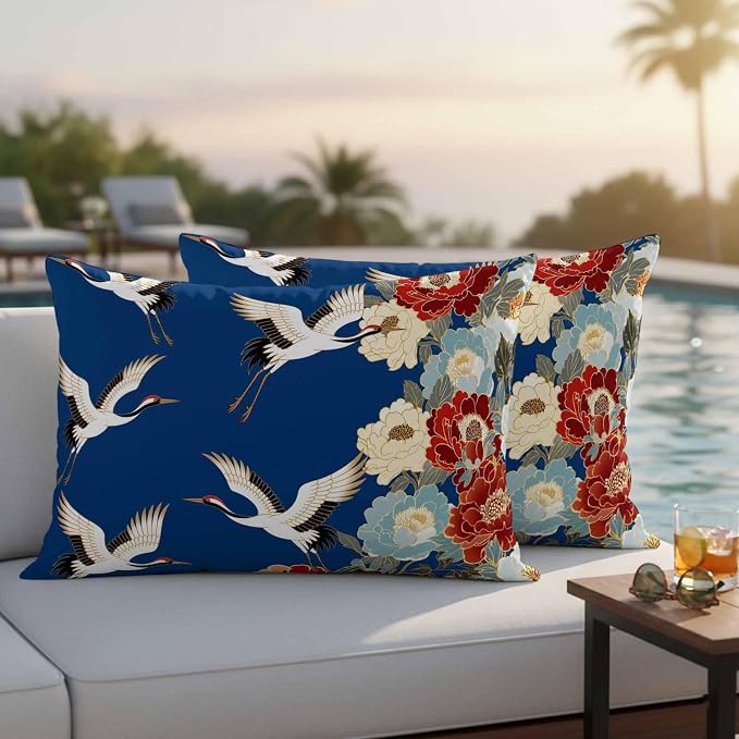 Japanese Style Outdoor Pillow Covers 20x12 Inch Lumbar Pillow Covers Set of 2 Waterproof Decorative Throw Pillow Cases Blue Rustic Botanical Blossom Peony Birds Cushion Covers for Patio Furniture