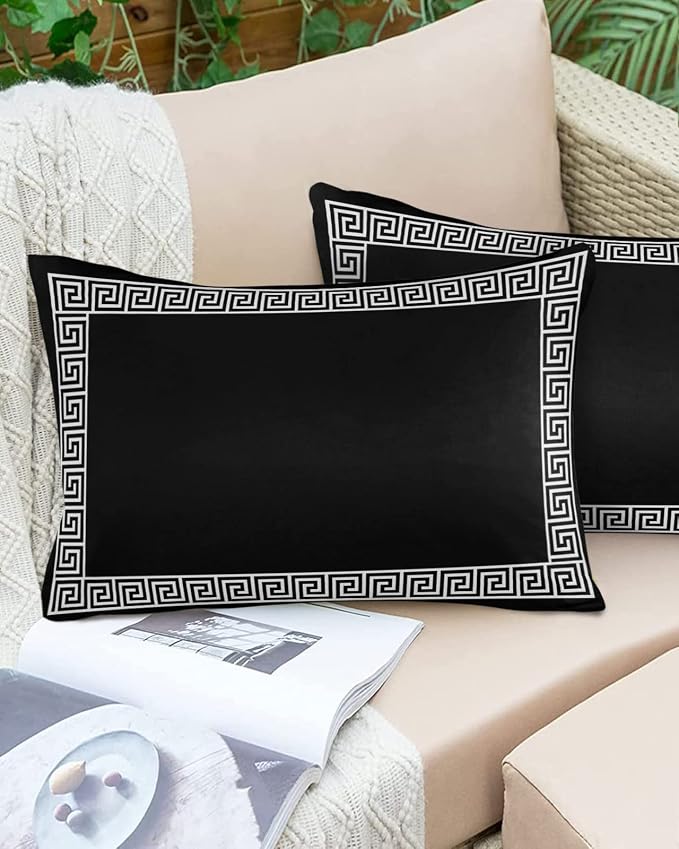 Outdoor Throw Pillow Cover Simple Geometry Greek Art Waterproof Cushion Covers 2 Pack Classic Greece Black White Pillow Cases Home Decoration for Patio Garden Couch Sofa
