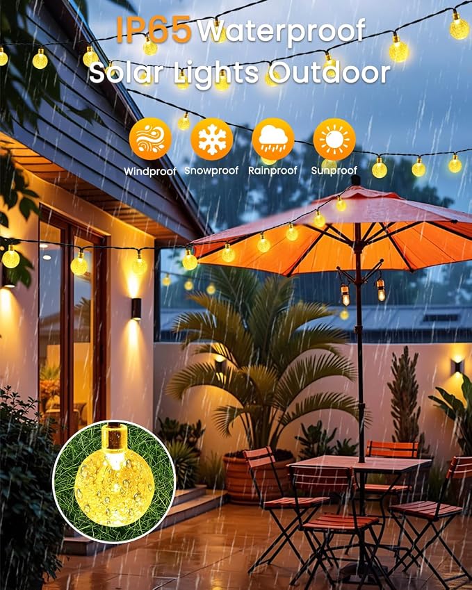 LORRYTE 2 Pack 64FT 100 LED Globe Solar String Lights Outdoor, Warm White | Crystal Globe Patio Lights, IP65 Waterproof, Auto On/Off, 8 Modes Solar Powered Light for Garden Yard Wedding Porch Party