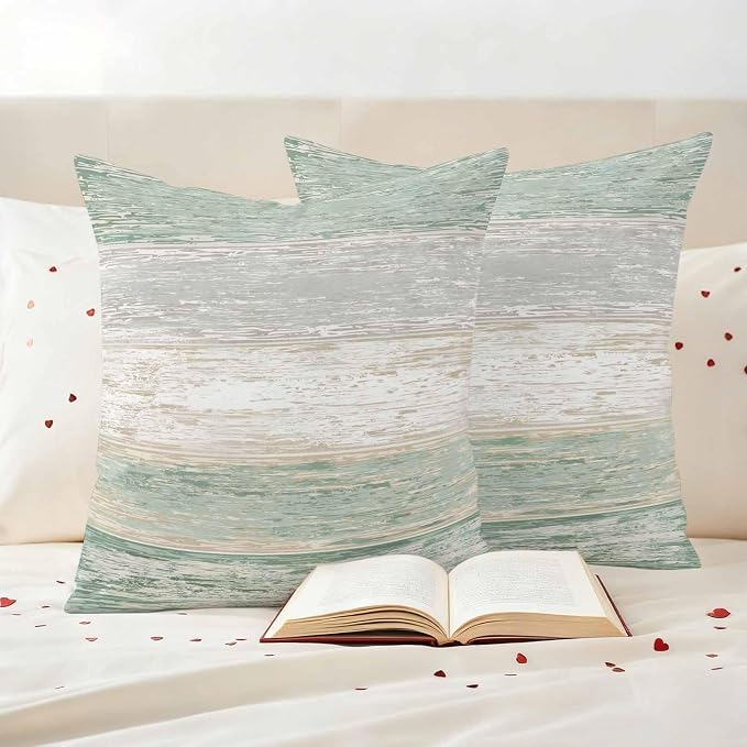 Outdoor Waterproof Throw Pillow Covers, Vintage Sage Green Grey Decorative Pillow Cases, Farmhouse Barn Wooden Striped Couch Pillow Protector Patio Sofa Cushion Covers Replacement 16"x16" 2 Pack