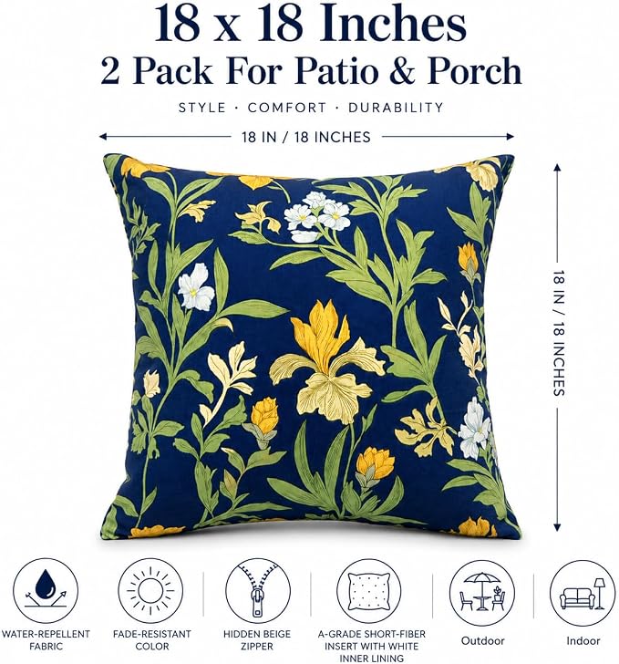 Outdoor Throw Pillows 18×18 Inch Pack of 2 Waterproof Decorative Patio Pillows with Inserts, Square Pillows for Garden Couch Sofa and Patio Furniture