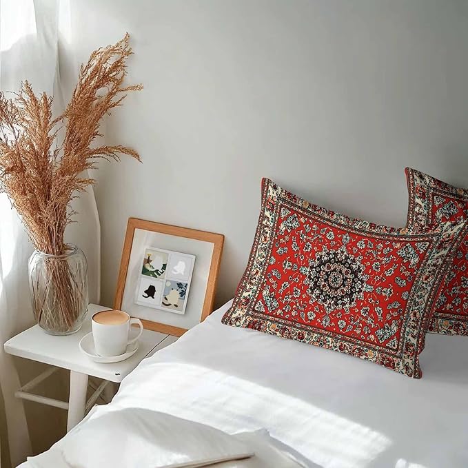 Vandarllin Outdoor Throw Pillows Covers 20x12 inch Set of 2 Waterproof Red Bohemian Decorative Zippered Cushion Covers for Patio Furniture, Boho Tribe Texture Lumbar Pillowcases