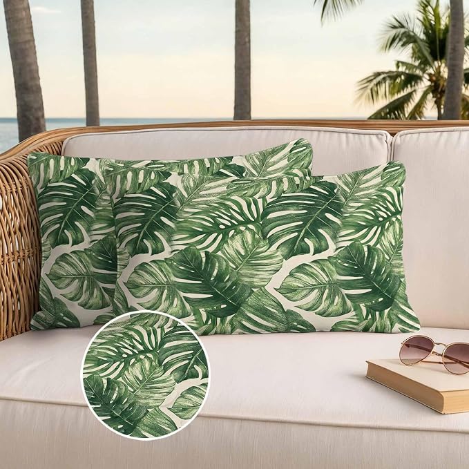 Green Tropical Leaves Waterproof Outdoor Pillow Covers Set of 2 Home Decor, Farmhouse Summer Leaf Plants Pillowcase Patio Pillow Covers for Couch Bench Furniture Garden 20x12in