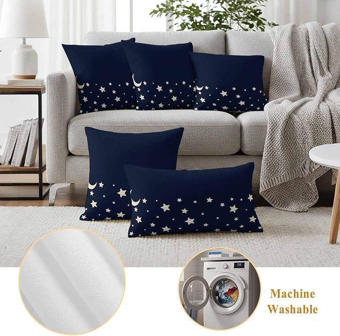 Stars Moon Waterproof Outdoor Pillow Covers Set of 2 Home Decor, Starry Night Navy Blue Lumbar Pillowcase Patio Pillow Covers for Couch Bench Patio Furniture Garden 20x20in