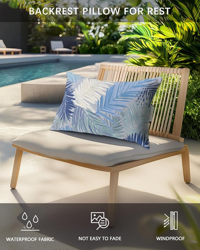 Outdoor Pillows Waterproof Covers Set of 2, Royal Blue Palm Leaves Adjustable Elastic Chaise Lounge Head Resting Pillows, Tropical Leaf Plant Lumbar Pillow for Pool Beach Patio Furniture 11x16 Inch