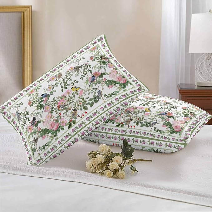Vandarllin Outdoor Throw Pillows Covers 20x12 inch Set of 2 Waterproof Pink Floral Bird Decorative Zippered Cushion Covers for Patio Furniture, Green Leaves Branches Lumbar Pillowcases