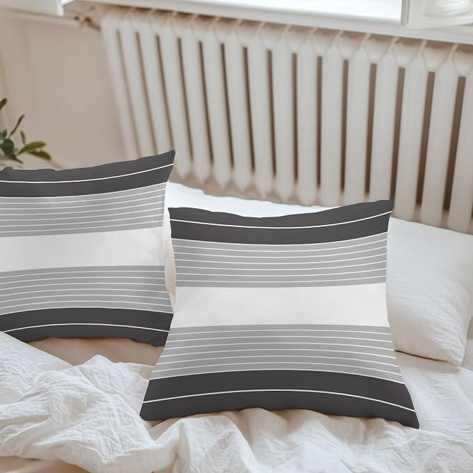 Black Grey Stripe Outdoor Pillow Covers Waterproof, All Weather Cushion Case Set of 2, Modern Art Horizontal Striped Decorative Pillowcases for Sofa Couch Bed Decor Patio Furniture 16"x16"