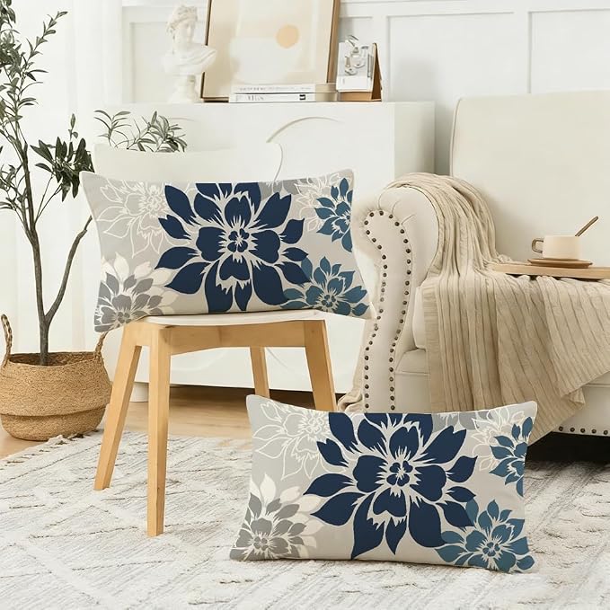 Waterproof Dark Blue Dahlia Floral Outdoor Pillow Covers 12x20 Inch, Decorative Spring Summer Cushion Cases for Living Room Sofa Patio Garden Porch