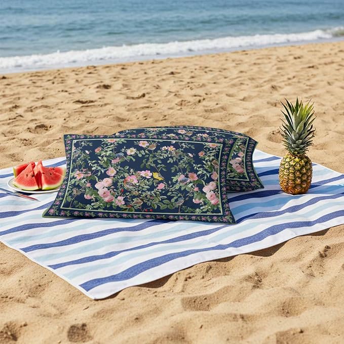 Vandarllin Outdoor Throw Pillows Covers 20x12 inch Set of 2 Waterproof Pink Floral Bird Decorative Zippered Cushion Covers for Patio Furniture, Green Leaves Branches Navy Blue Lumbar Pillowcases