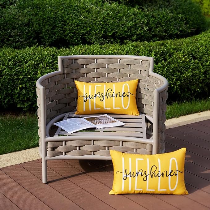 DFXSZ Yellow Outdoor Waterproof Pillow Covers 12x20 Set of 2 | Hello Sunshine Decor Spring Summer Polyester Pillow Covers(NO INSERTS)| Decor for Patio Funiture Garden Sofa Couch