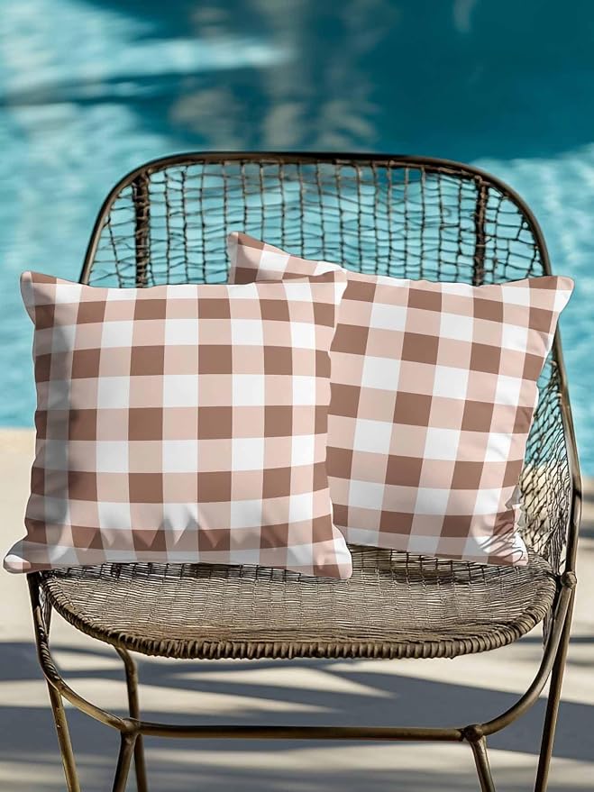 Waterproof Outdoor Pillow Set of 2 Brown Buffalo Plaid Decorative Throw Pillows Cover & Insert 18x18 Inch Pillowcase Check Lines Square Pillows for Couch Sofa Bed Patio Furniture Indoor Outdoor
