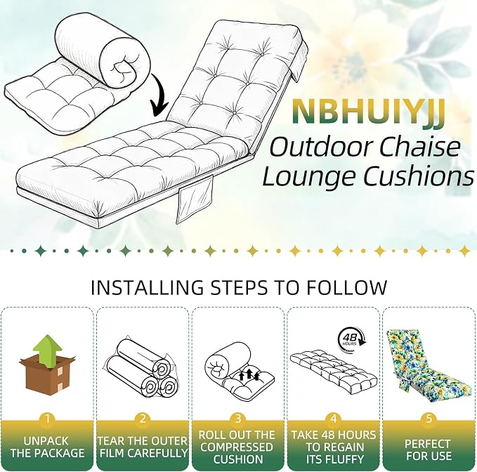 Patio Chaise Lounge Cushions, 68"x21"x4.5" Waterproof Replacement Beach Pool Lawn Outdoor Lounge Chair Cushion with Pocket, Non-Slip Bottom & Secure Ties for Outdoor Furniture, Flower Green