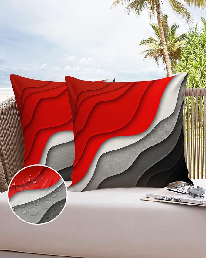 Funy Decor Waterproof Outdoor Throw Pillow Cover Red Modern Geometric Lumbar Pillowcases Set of 2 Grey Abstract Beach Decorative Patio Furniture Pillows for Couch Garden 20x20 inch x 2pcs