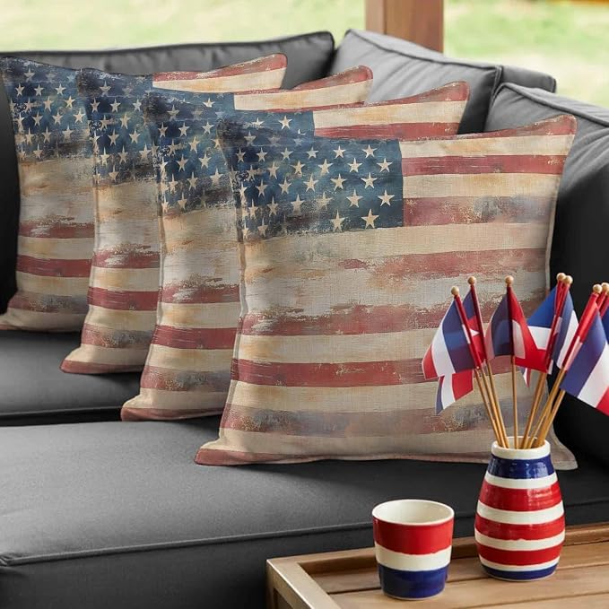Independence Day Outdoor Pillow Covers 18"x18" Set of 2, Retro Country USA Flag Memorial Day Waterproof Throw Pillow Covers for Patio Furniture, Decorative Cushion Covers for Porch
